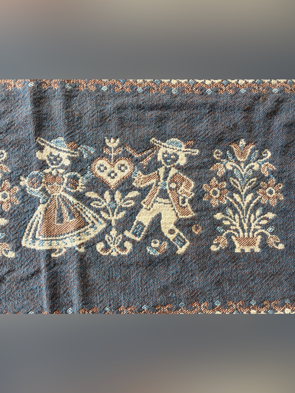 VTG Austrian Woven Folk Art Table Runner with Blue and Cream Motif 36” - Picture 3 of 5